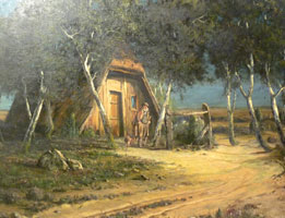 Mann vor Hütte am Wegesrand